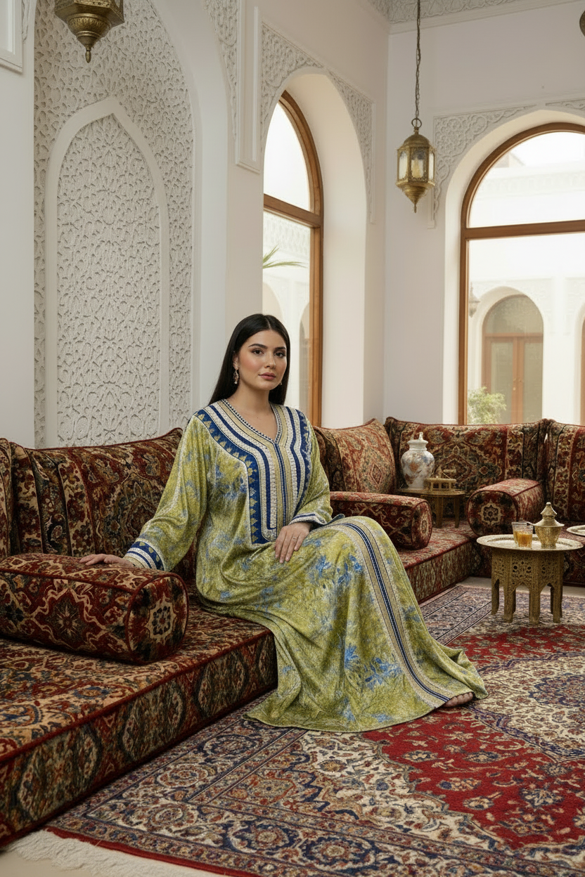 Model seated in traditional setting